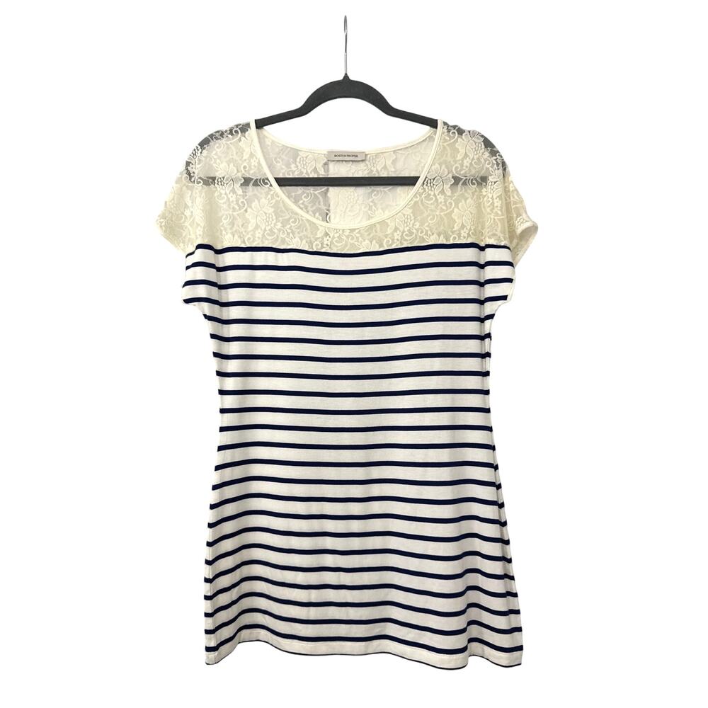 Boston Proper Cream and Navy Striped Lace Yoke Tee